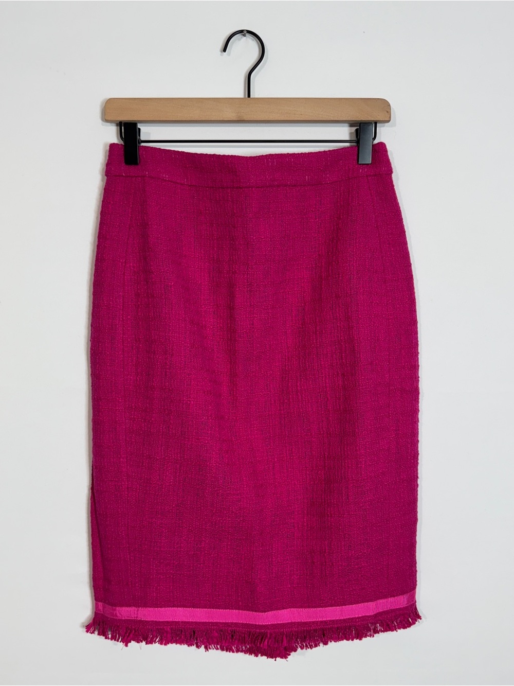 WSK63 {J. Crew} "No 2 Pencil" Hot Pink Tweed Fringe Midi Straight Pencil Skirt